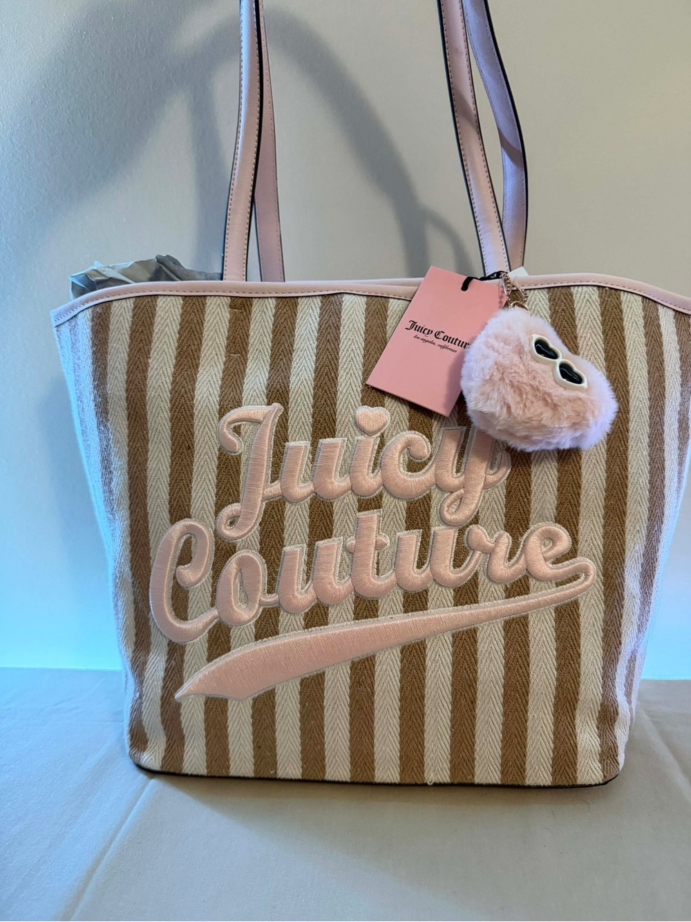 Juicy Couture Pink & Tan Striped Tote with Fluffy Charm